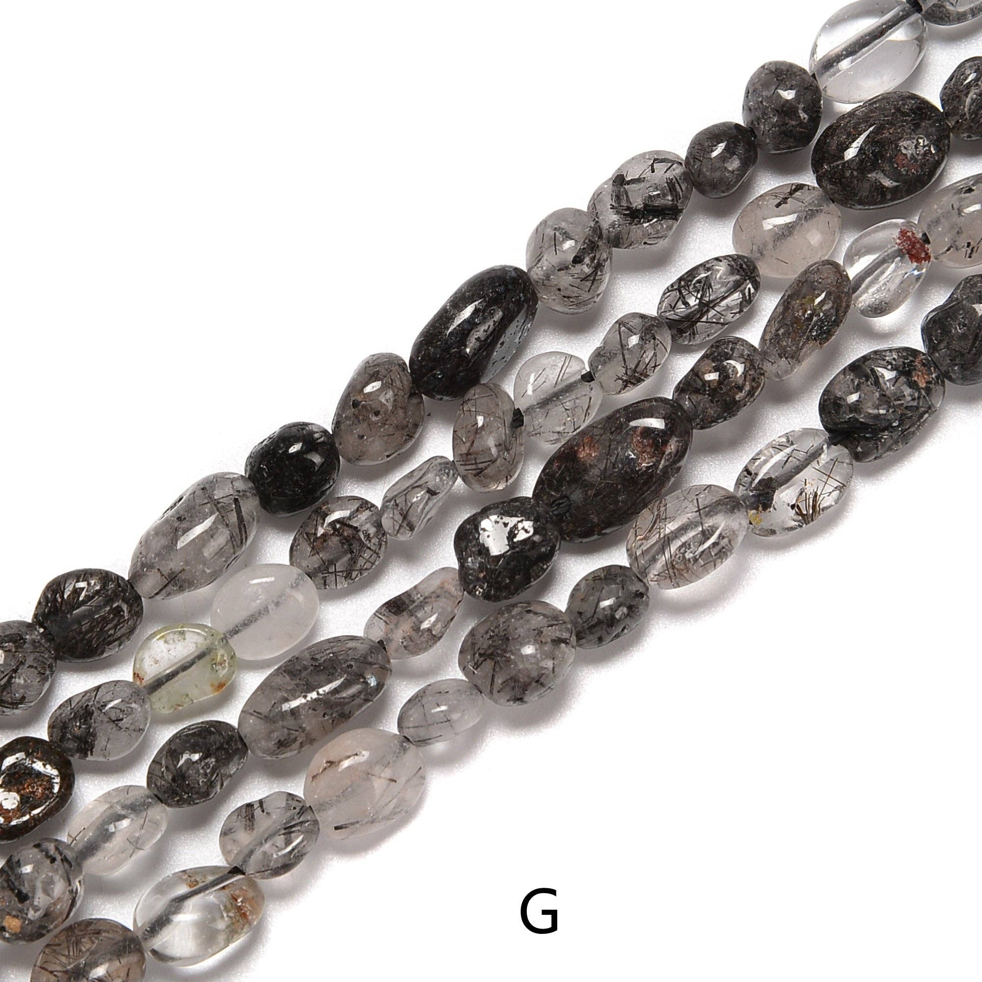 Crystal Gemstone Pebble Beads 6x8mm 15.5'' Strand: Black Tourmalinated Quartz