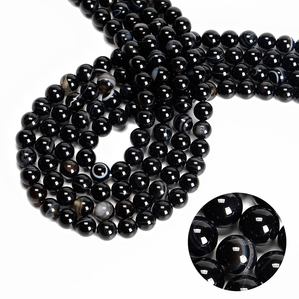 Black Striped Agate Round Beads   15.5" Strand: 8mm