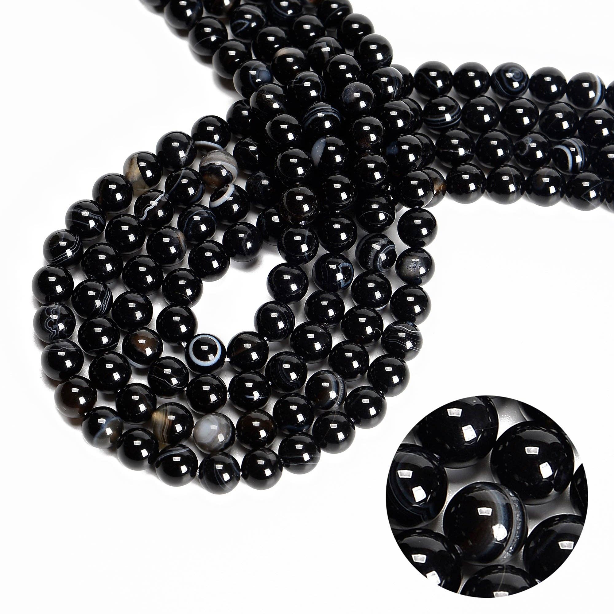 Black Striped Agate Round Beads   15.5" Strand: 8mm