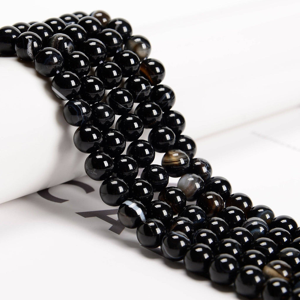 Black Striped Agate Round Beads   15.5" Strand: 8mm