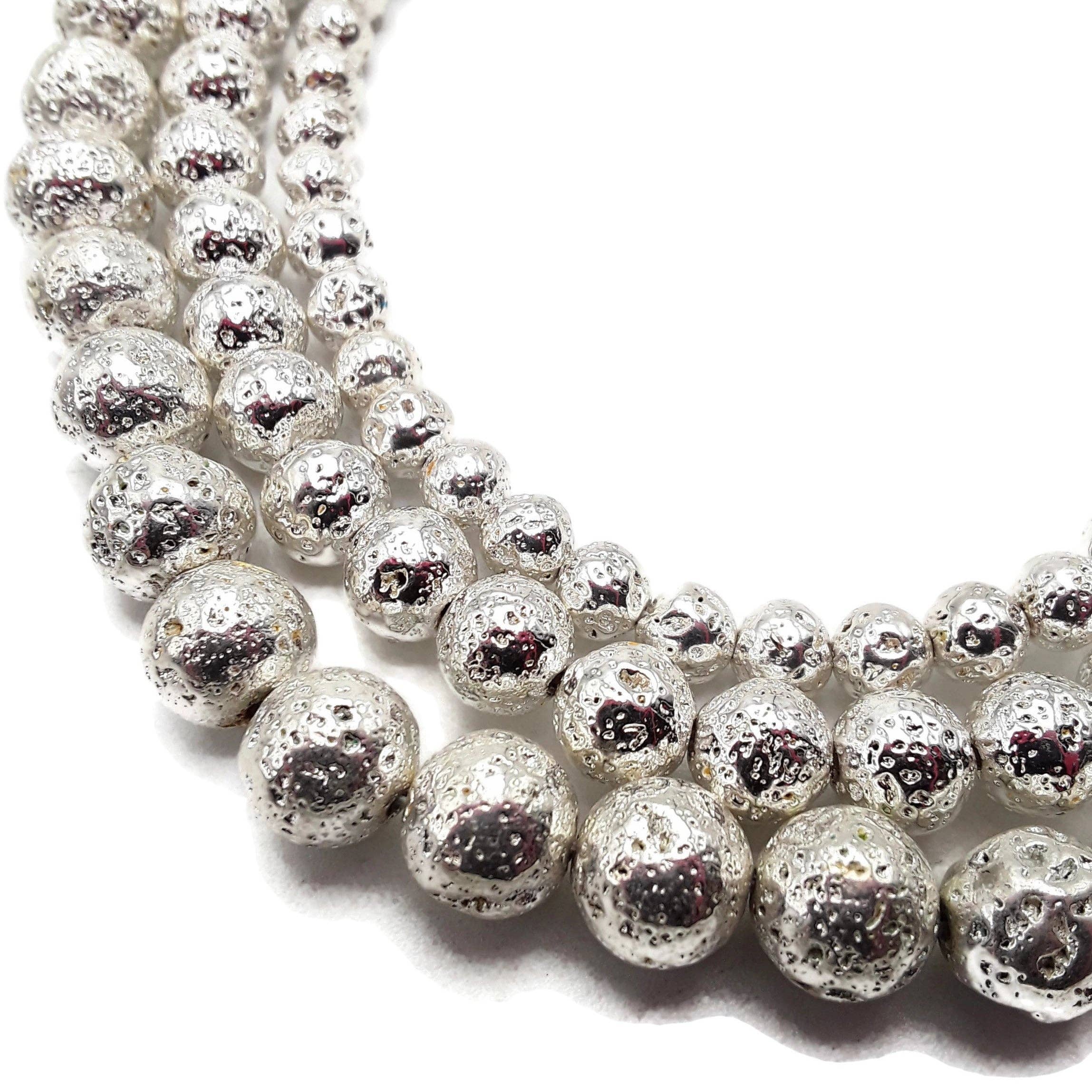Bright Silver Plated Lava Beads Size 15.5" Strand: 6mm