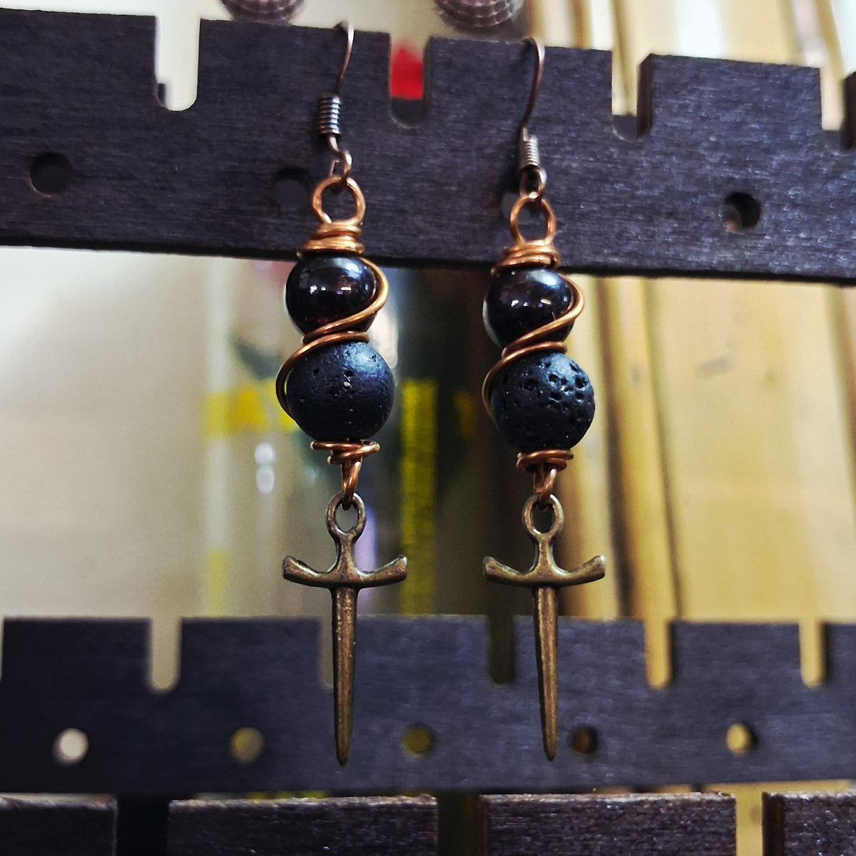 Lava & Onyx Dagger Charm Earrings