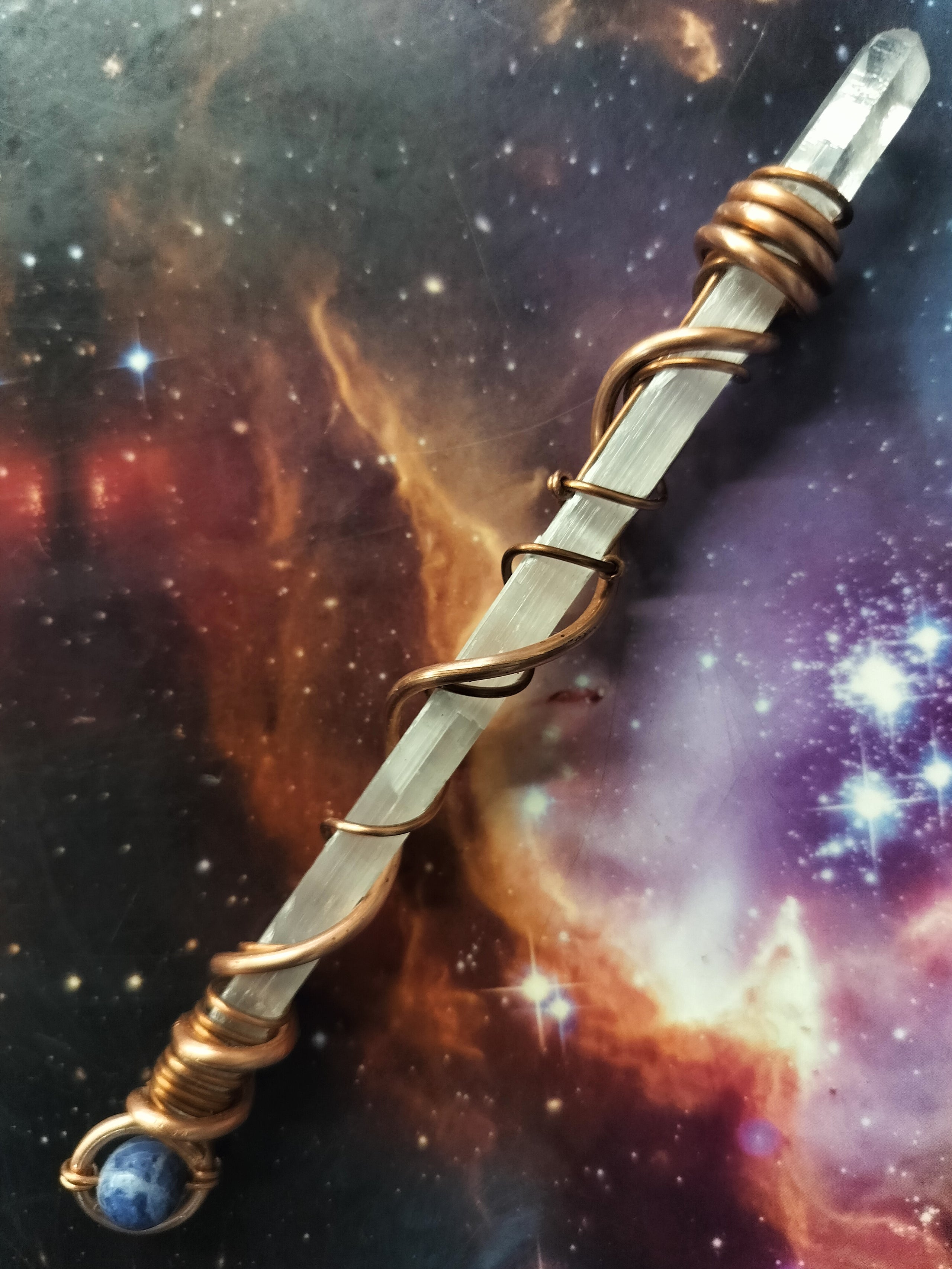 Selenite and Quartz Wand 6", meditation tool