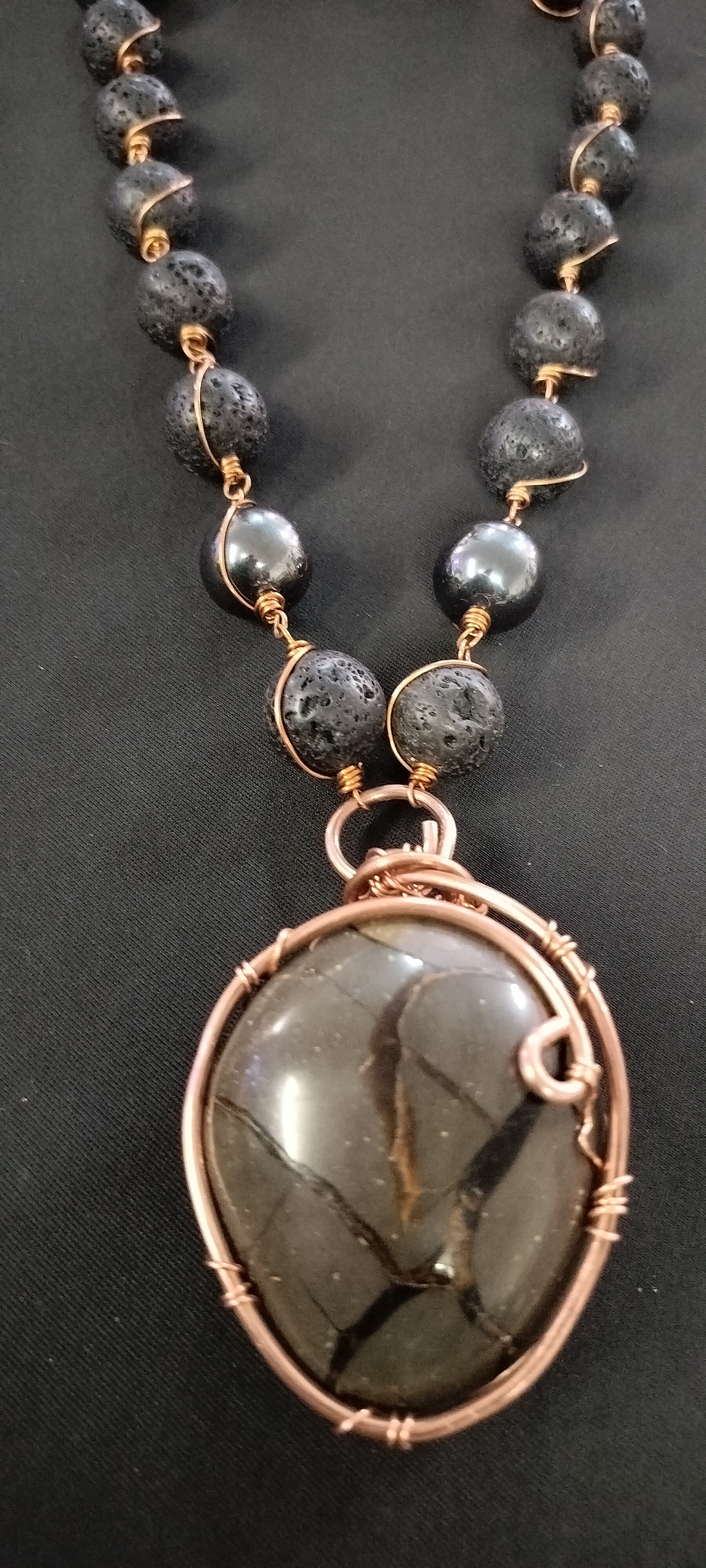 King Sized 20mm Lava Links with Hematite and GORGEOUS Septarian Stone Large Pendant
