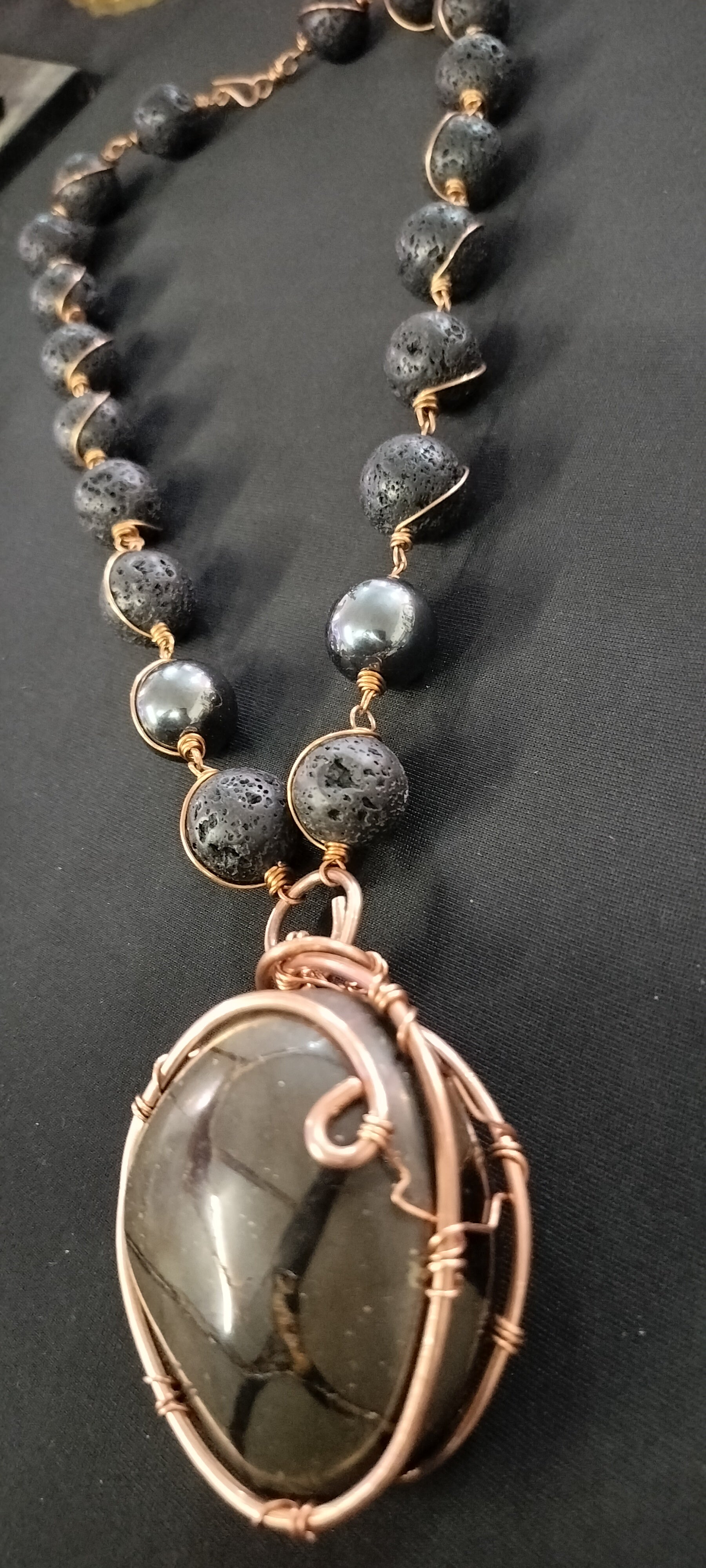 King Sized 20mm Lava Links with Hematite and GORGEOUS Septarian Stone Large Pendant