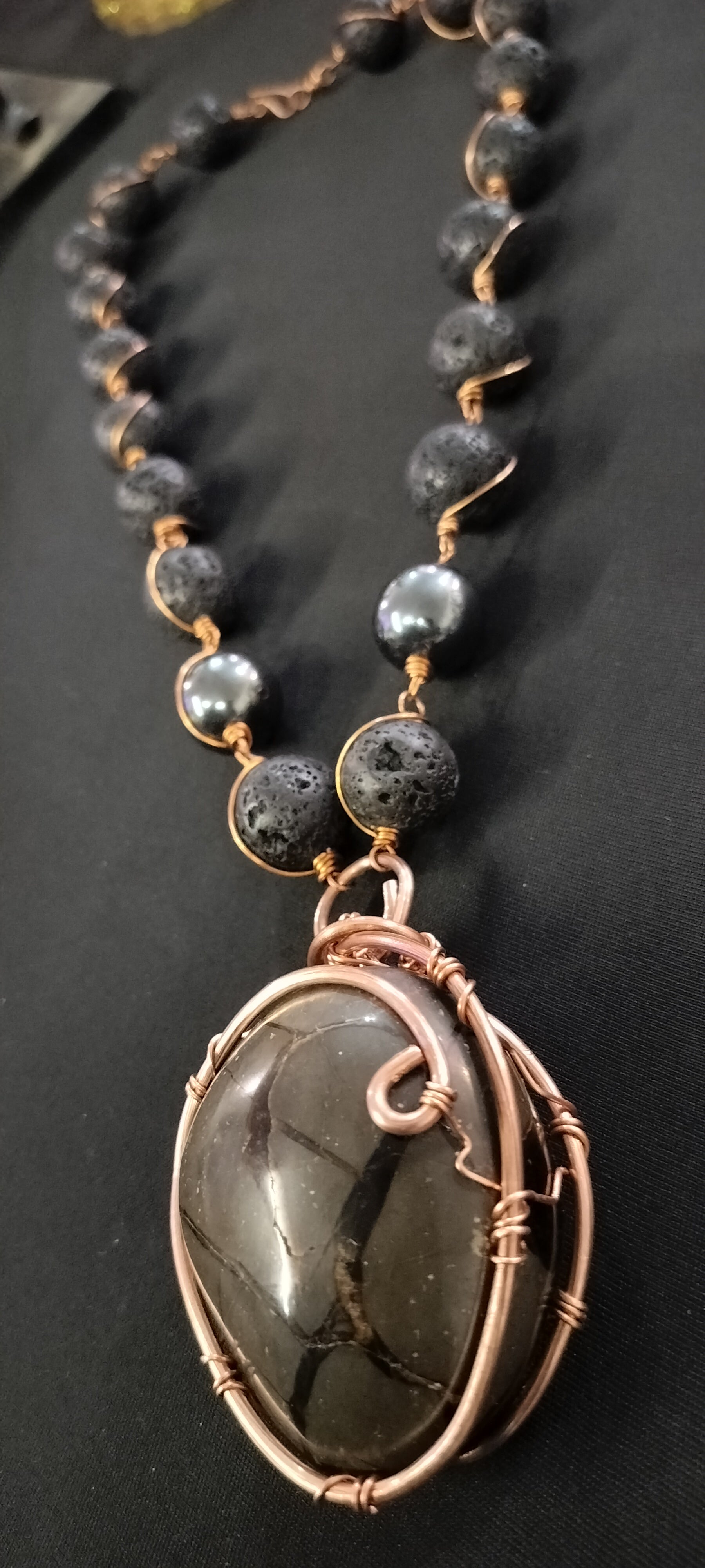 King Sized 20mm Lava Links with Hematite and GORGEOUS Septarian Stone Large Pendant