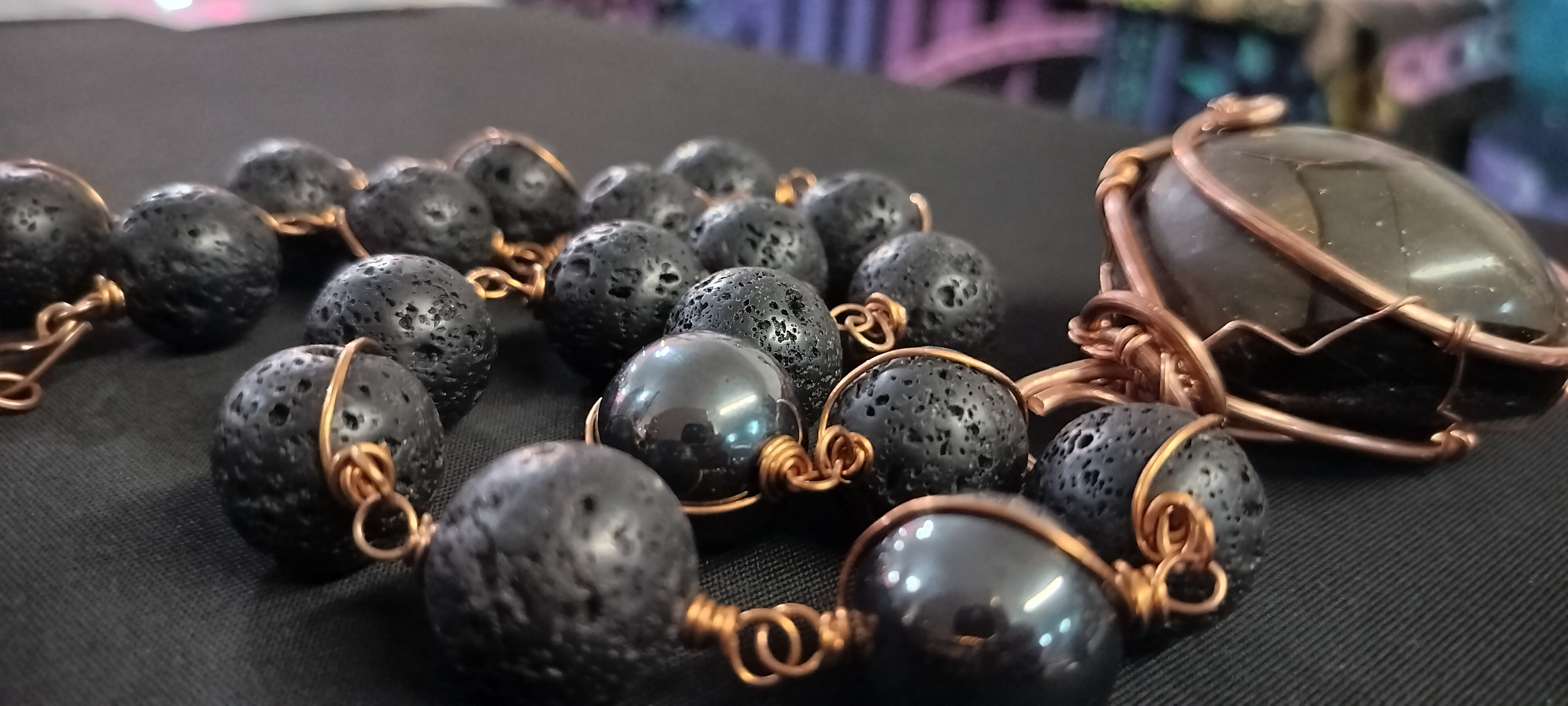 King Sized 20mm Lava Links with Hematite and GORGEOUS Septarian Stone Large Pendant