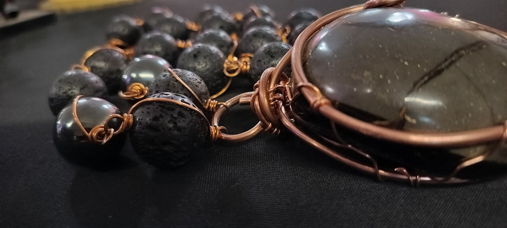 King Sized 20mm Lava Links with Hematite and GORGEOUS Septarian Stone Large Pendant