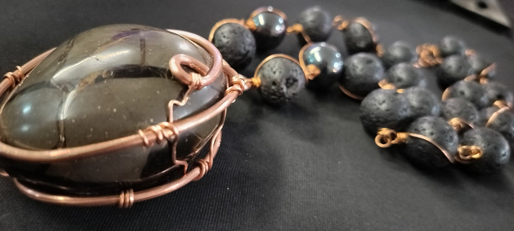 King Sized 20mm Lava Links with Hematite and GORGEOUS Septarian Stone Large Pendant