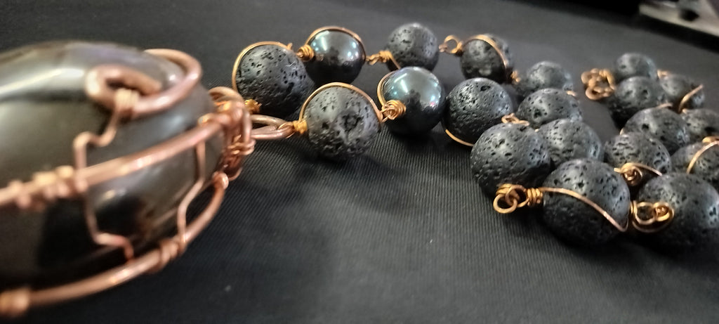 King Sized 20mm Lava Links with Hematite and GORGEOUS Septarian Stone Large Pendant