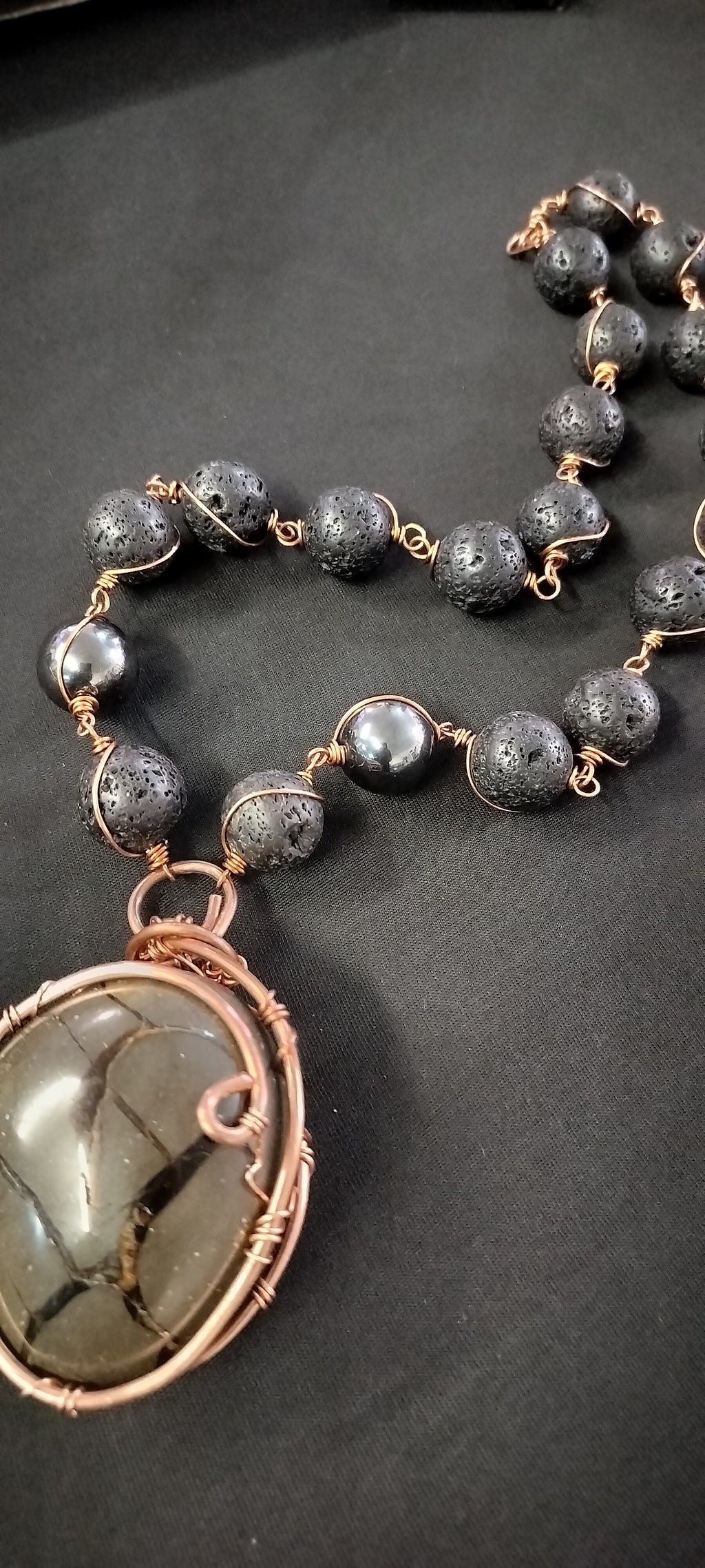 King Sized 20mm Lava Links with Hematite and GORGEOUS Septarian Stone Large Pendant