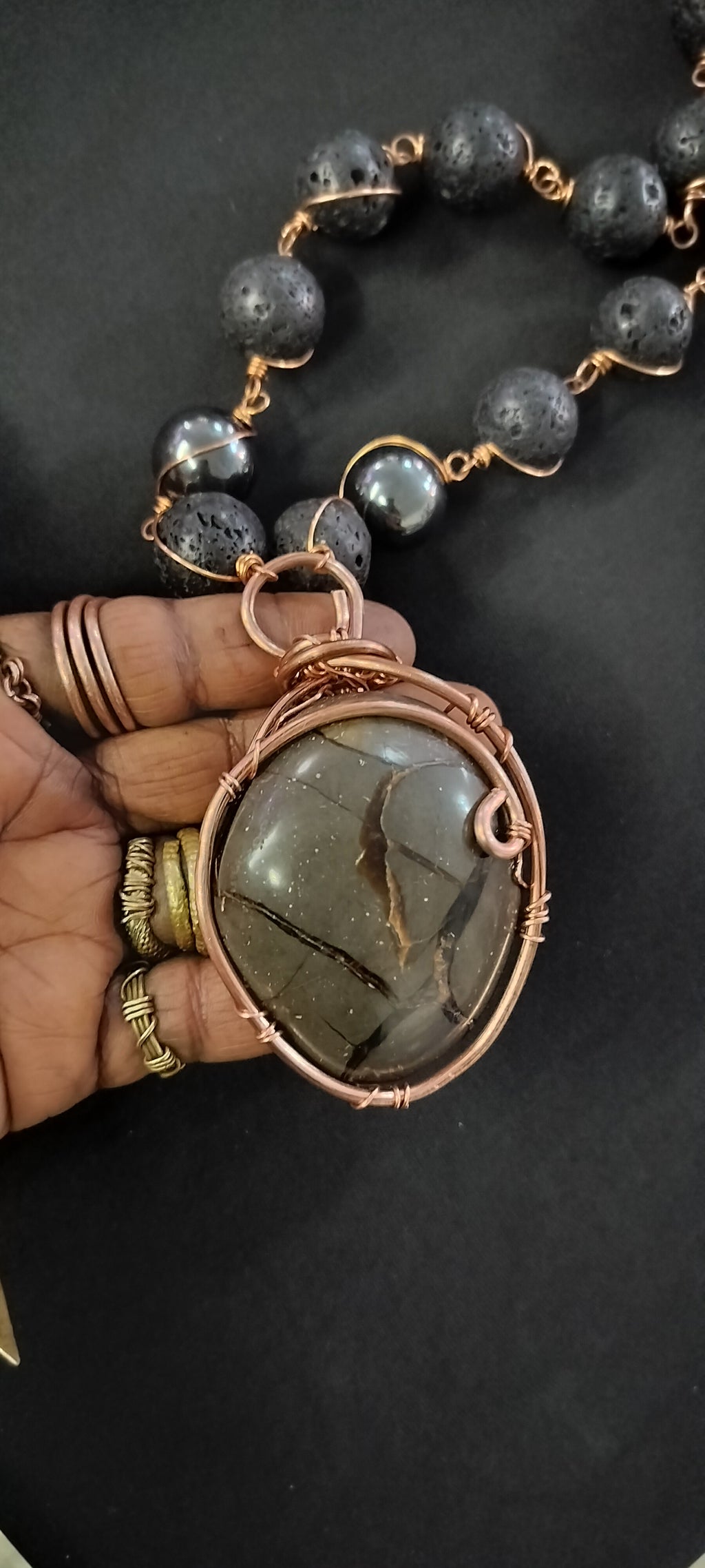 King Sized 20mm Lava Links with Hematite and GORGEOUS Septarian Stone Large Pendant