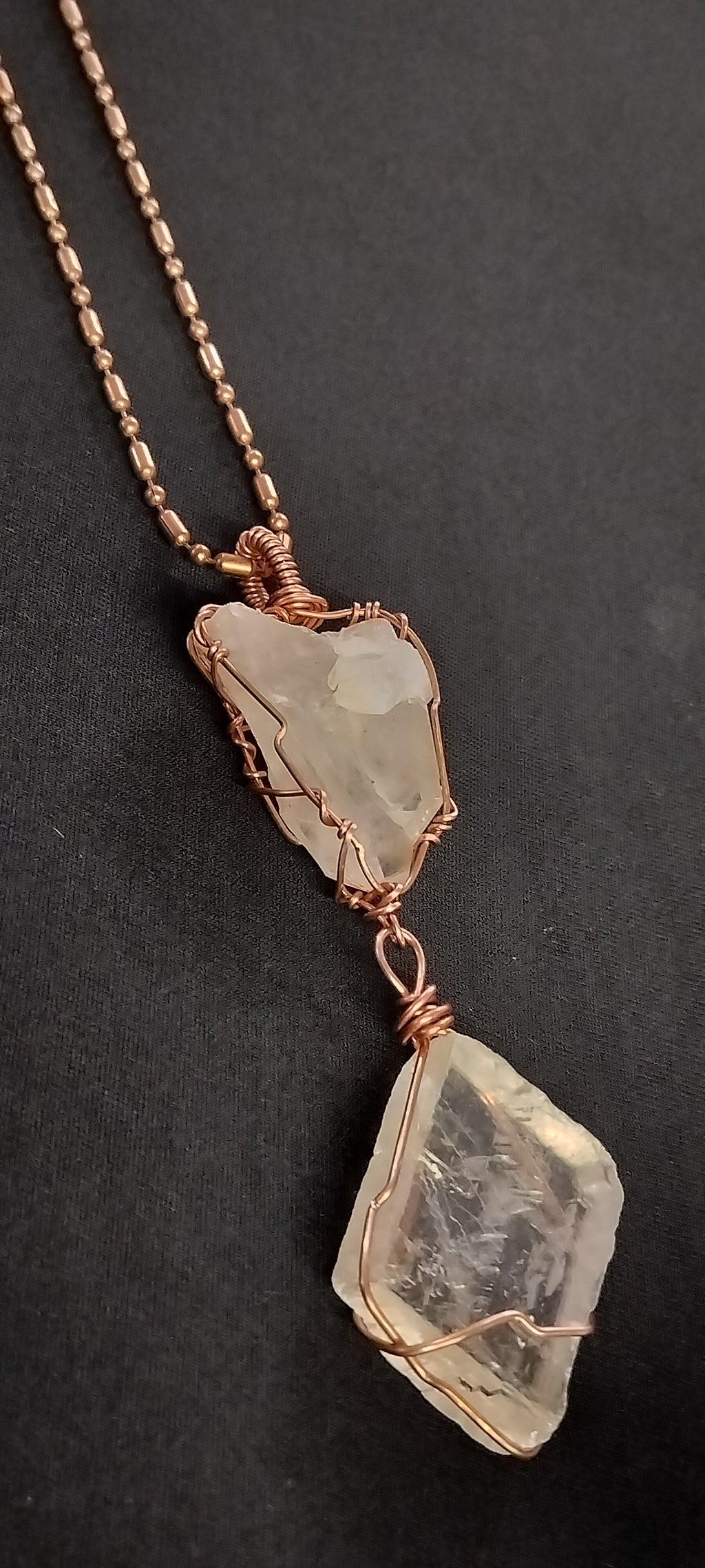 Quartz and Clear Calcite Double Pendant Copper Ball Chain