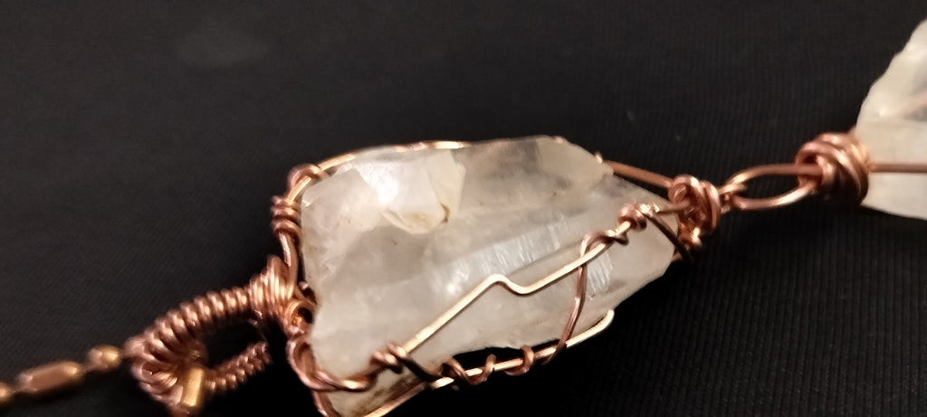 Quartz and Clear Calcite Double Pendant Copper Ball Chain