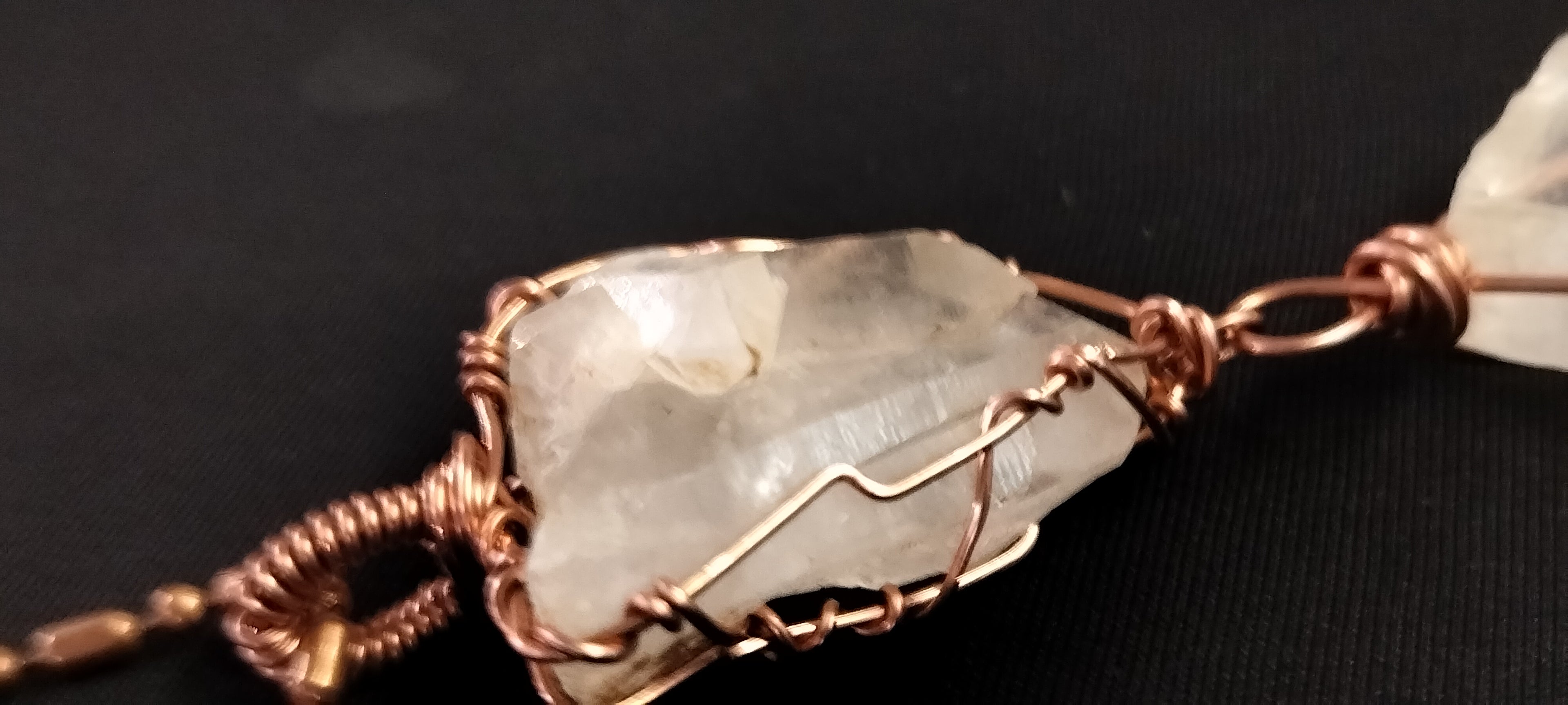 Quartz and Clear Calcite Double Pendant Copper Ball Chain