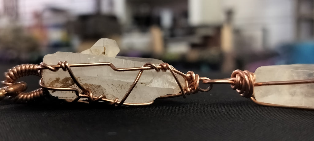 Quartz and Clear Calcite Double Pendant Copper Ball Chain