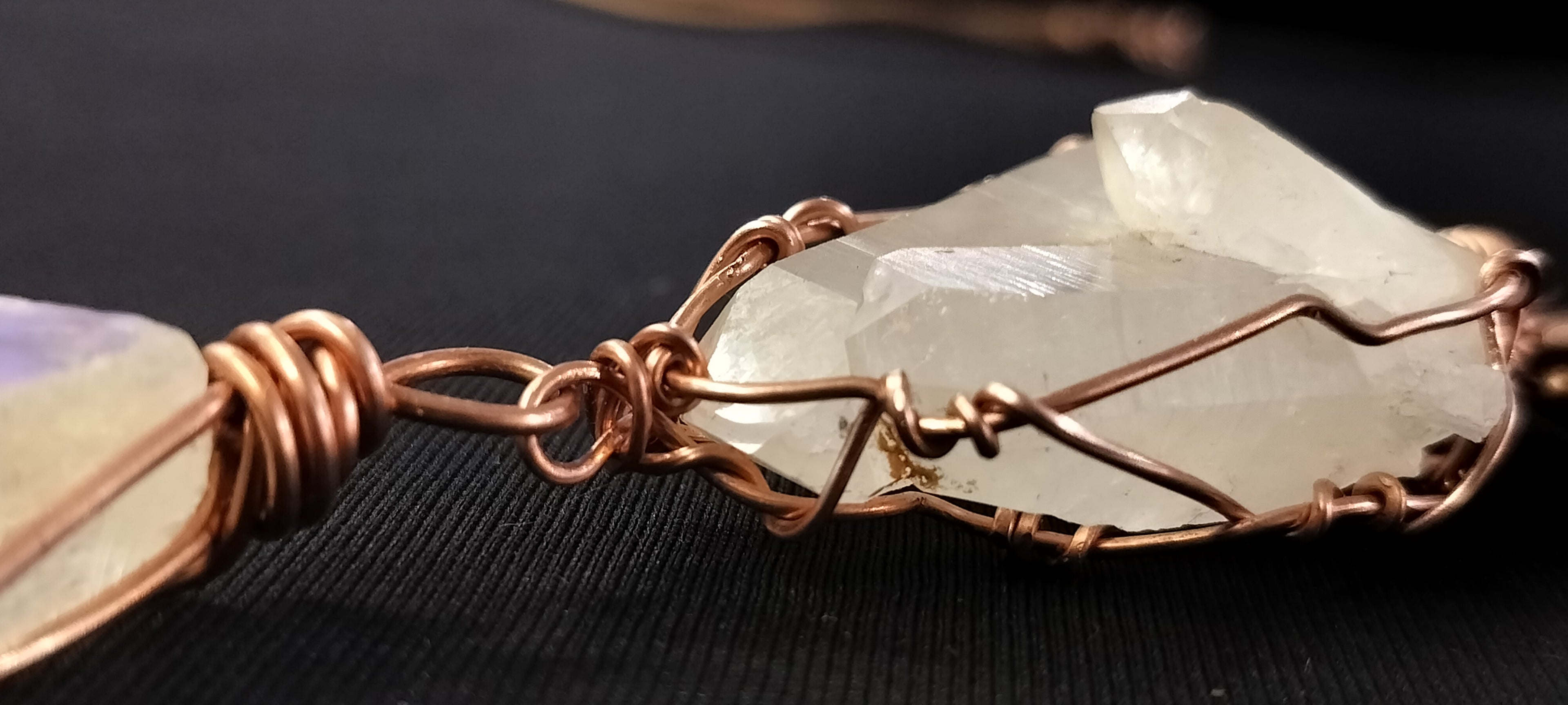 Quartz and Clear Calcite Double Pendant Copper Ball Chain