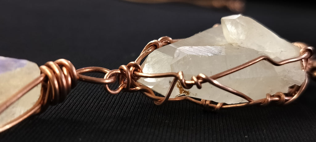 Quartz and Clear Calcite Double Pendant Copper Ball Chain