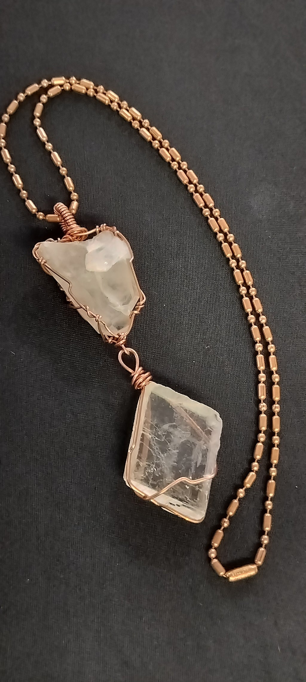 Quartz and Clear Calcite Double Pendant Copper Ball Chain