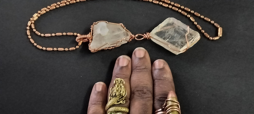 Quartz and Clear Calcite Double Pendant Copper Ball Chain