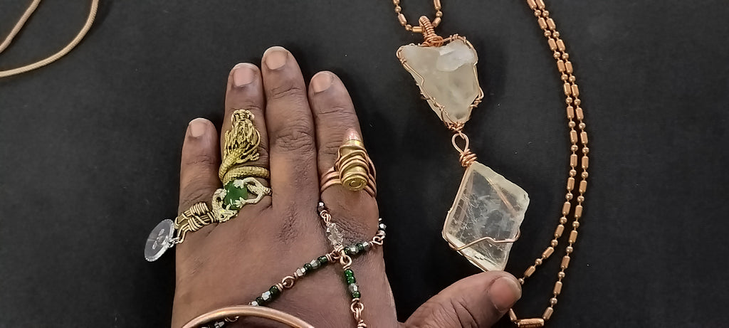 Quartz and Clear Calcite Double Pendant Copper Ball Chain