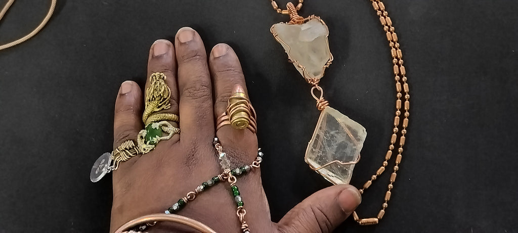 Quartz and Clear Calcite Double Pendant Copper Ball Chain