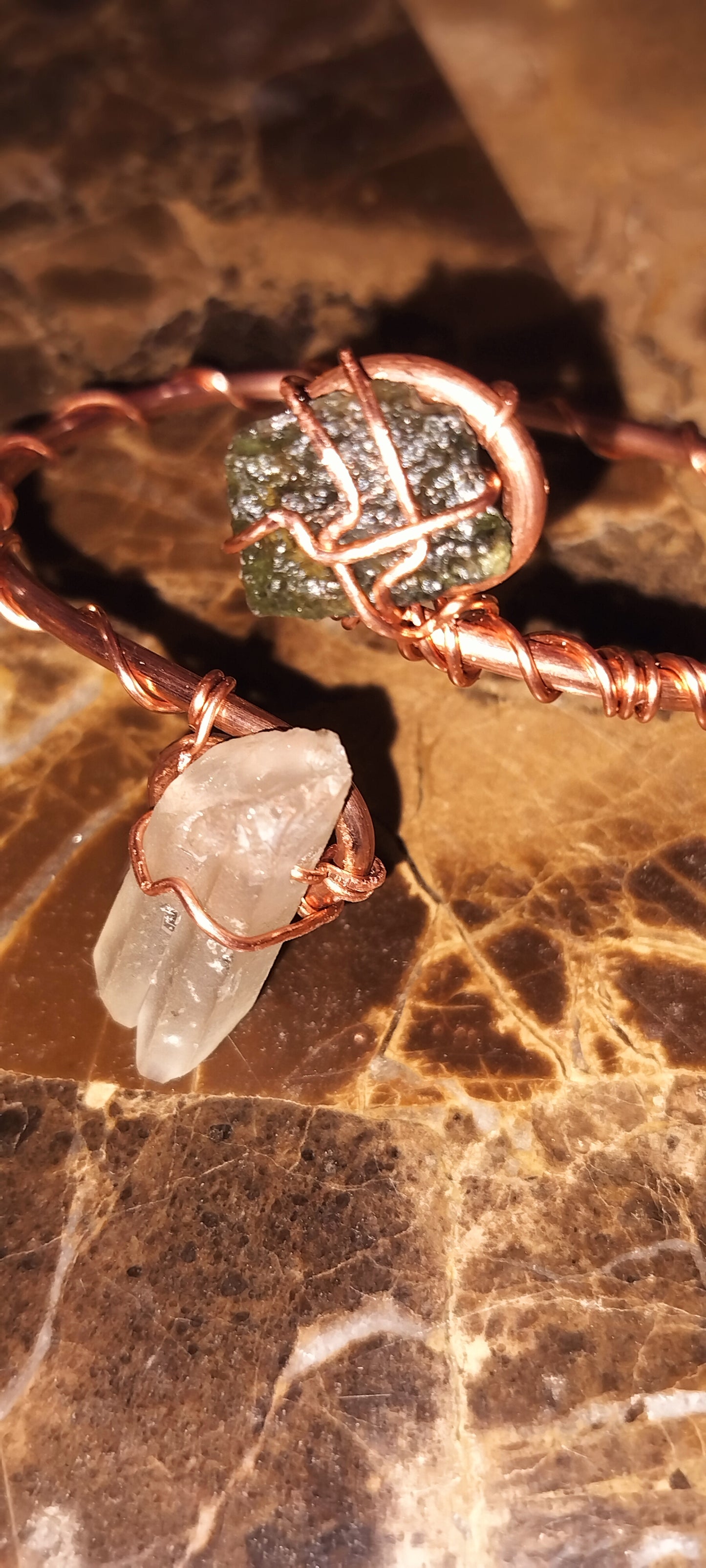 Adjustable Moldavite Wrist Cuff Solid Copper with Double Quartz Point