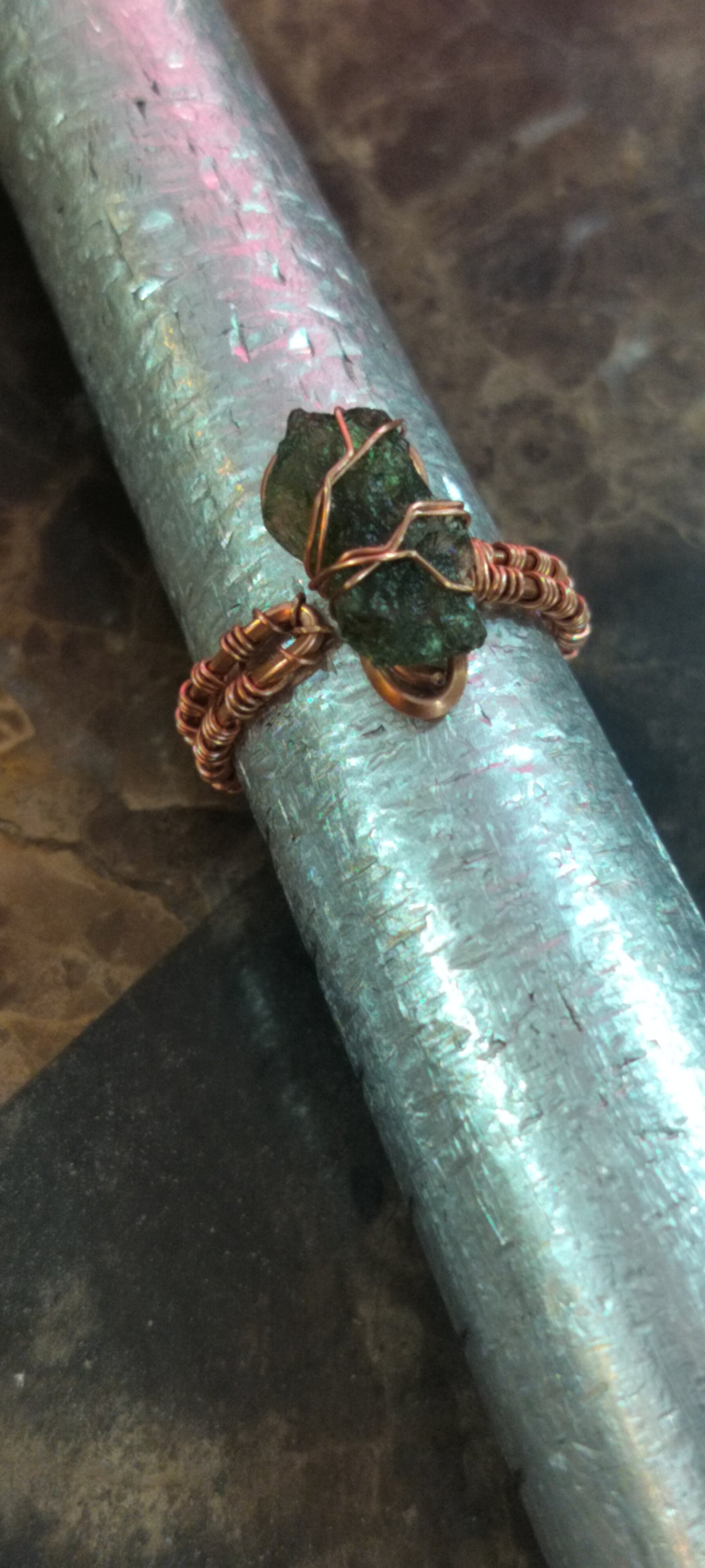 Moldavite Ring: Adjustable, Copper, Double Banded