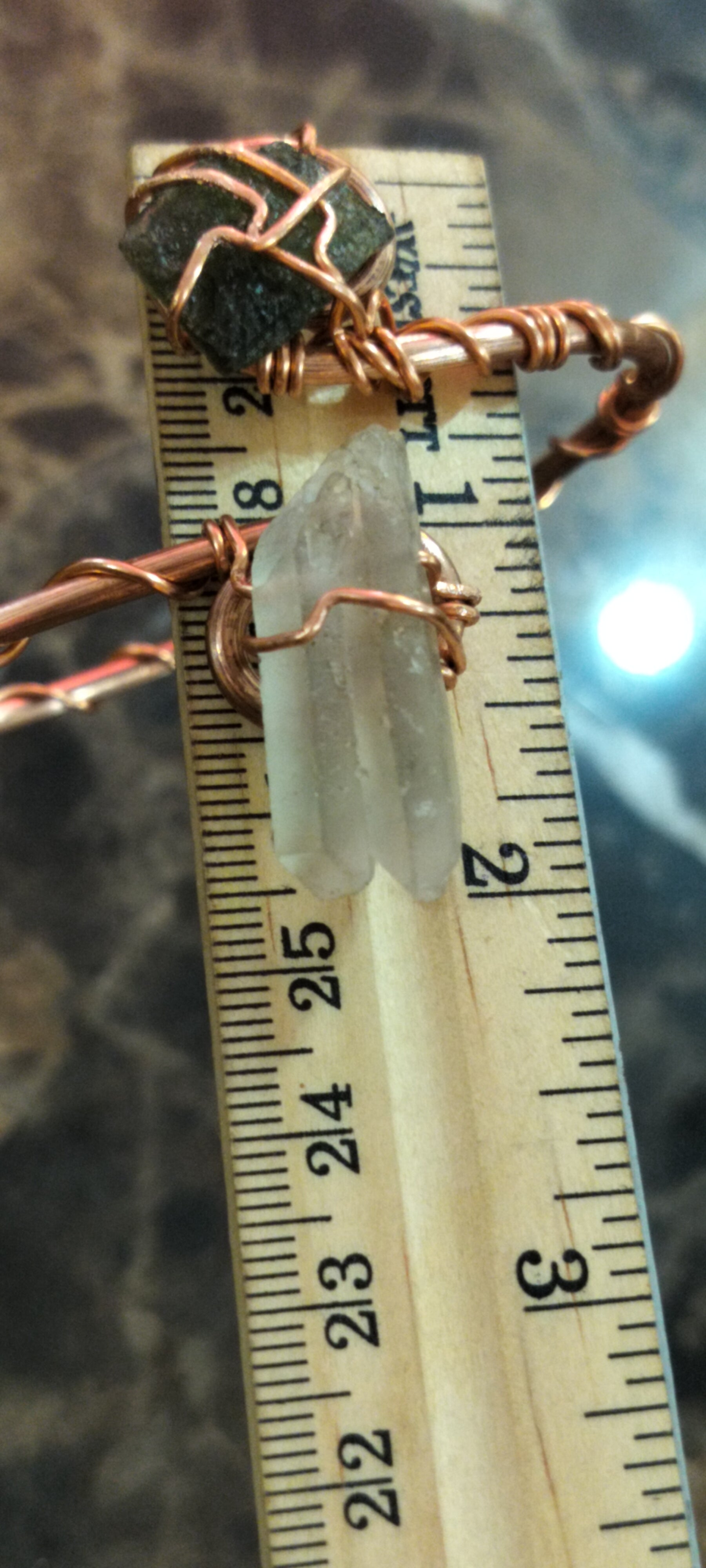 Adjustable Moldavite Wrist Cuff Solid Copper with Double Quartz Point