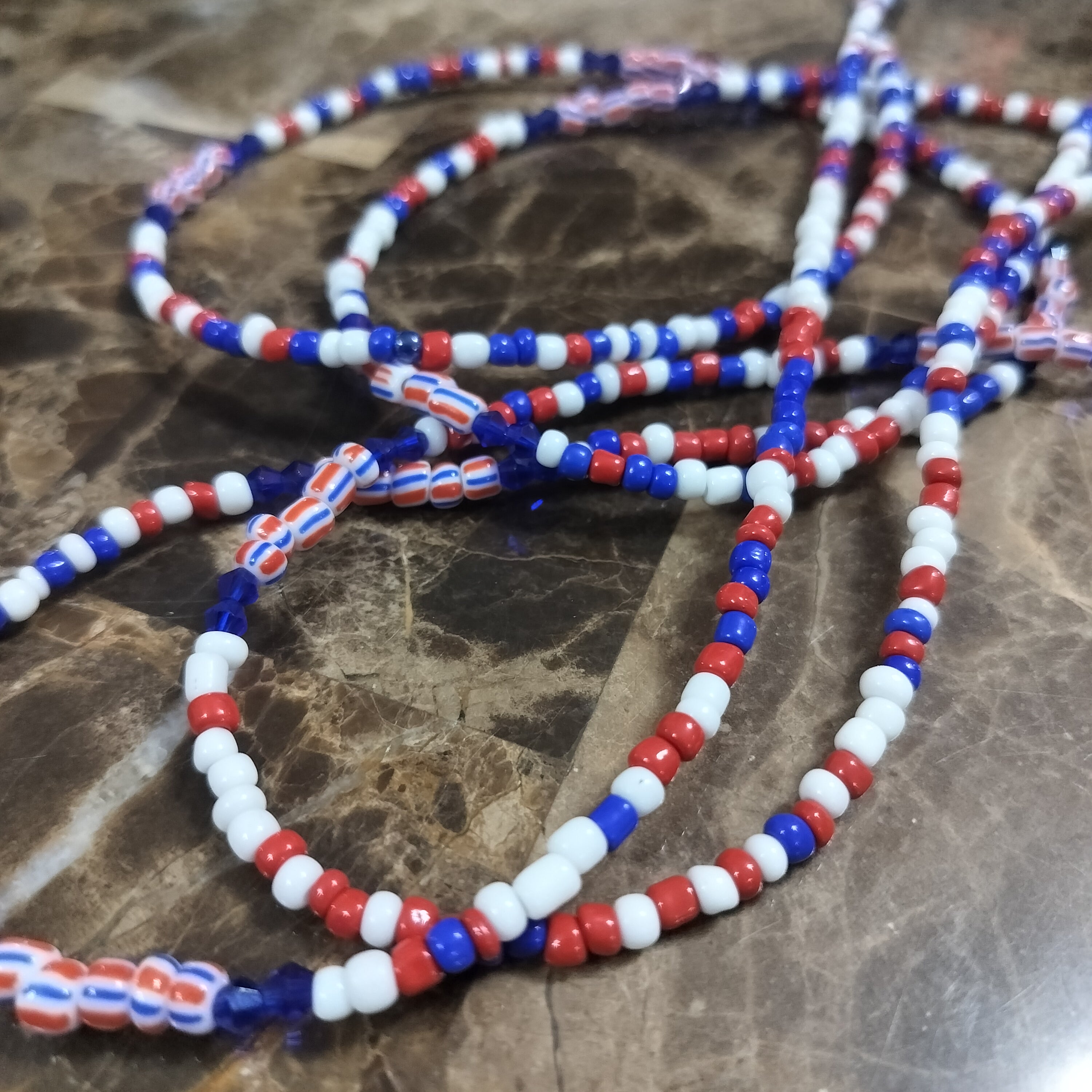 Blue Red with White Waistbeads
