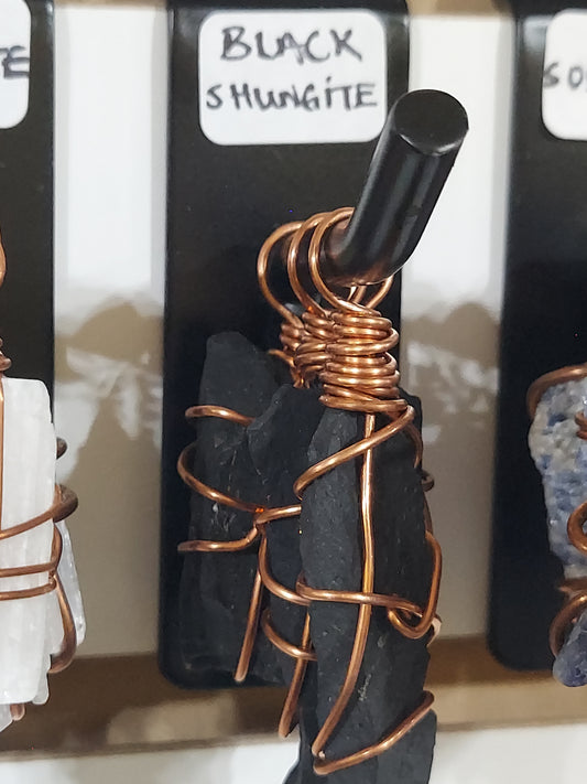 Raw Black Shungite Stone Pendant on Necklace Rope