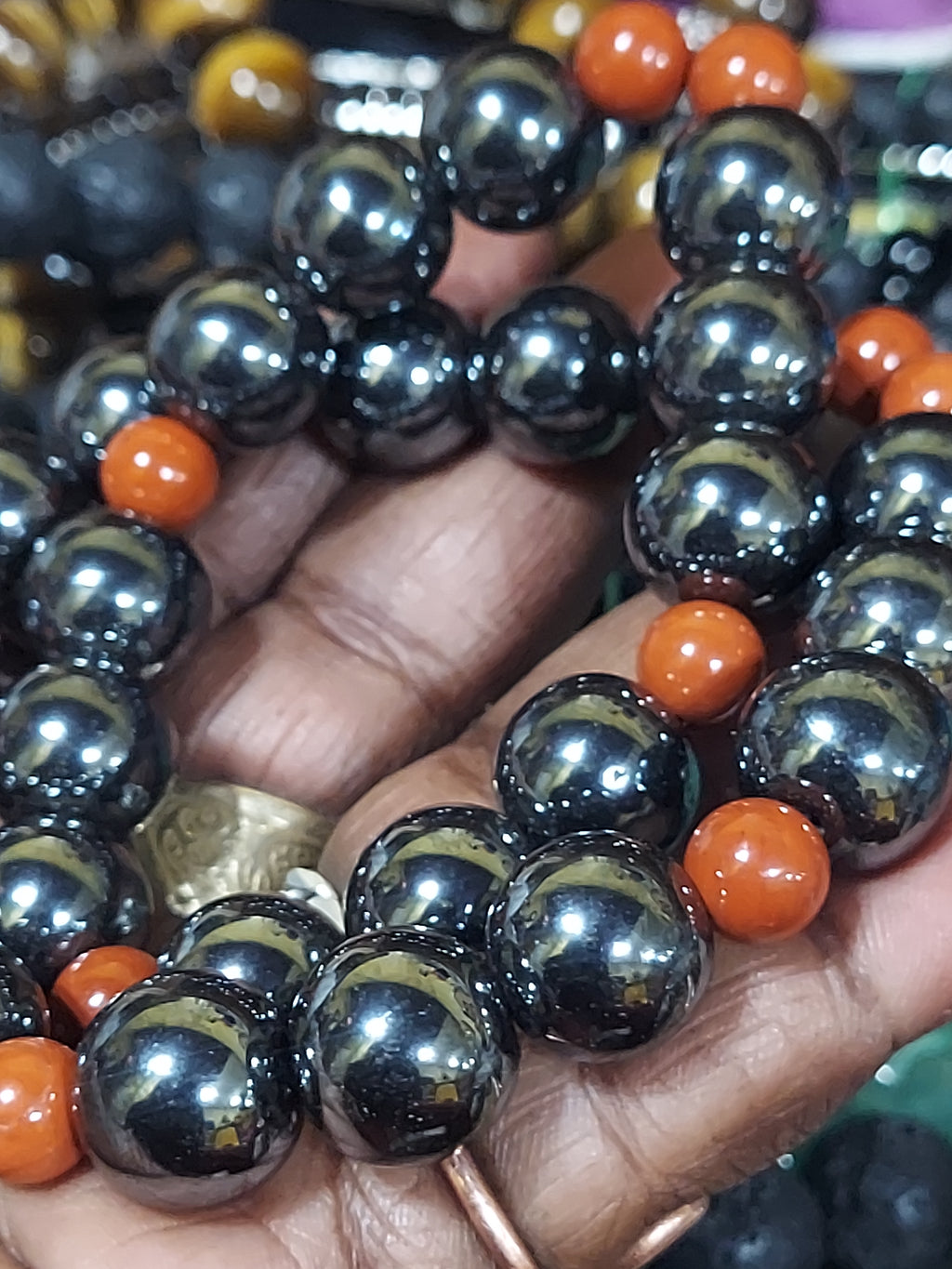 LARGE Bead Bracelet: Hematite with Red Jasper