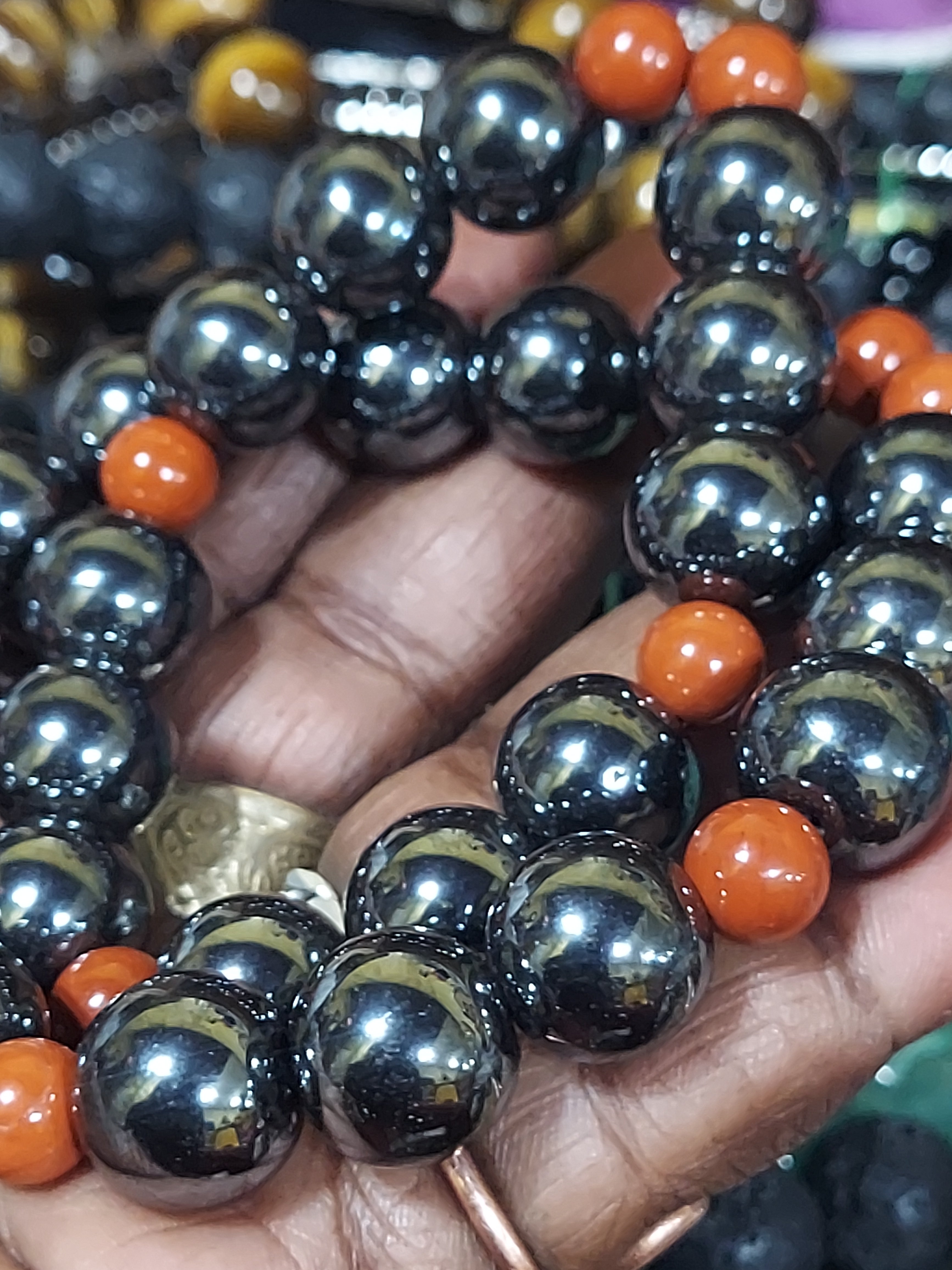 LARGE Bead Bracelet: Hematite with Red Jasper