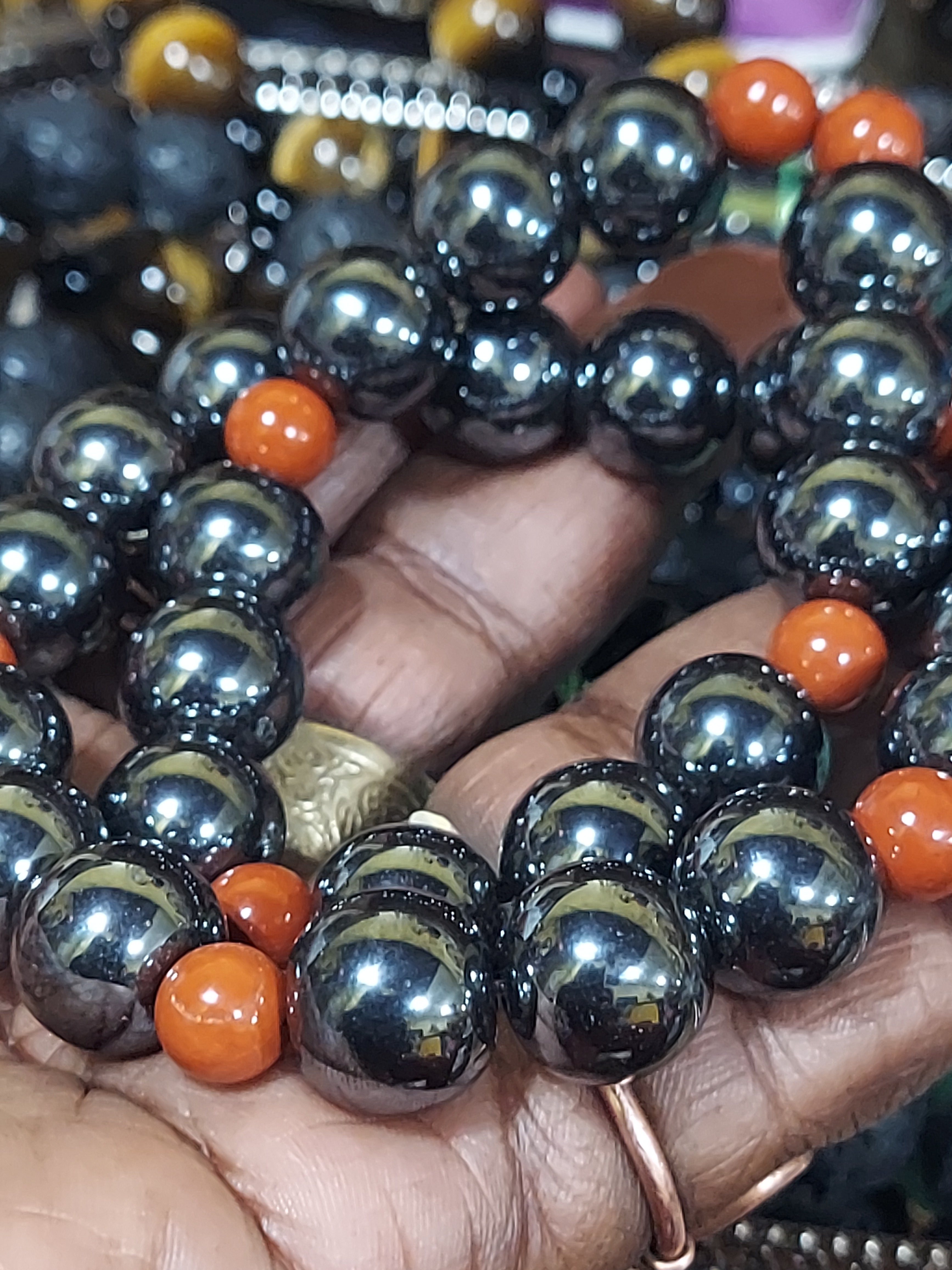 LARGE Bead Bracelet: Hematite with Red Jasper