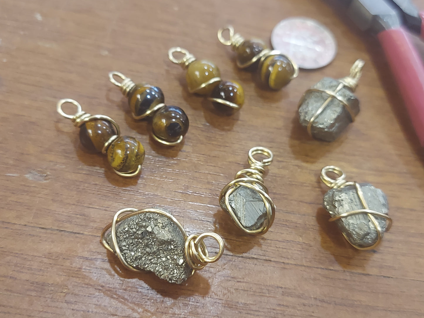 Wholesale Mini Brass Pendants: Tigers Eye & Pyrite